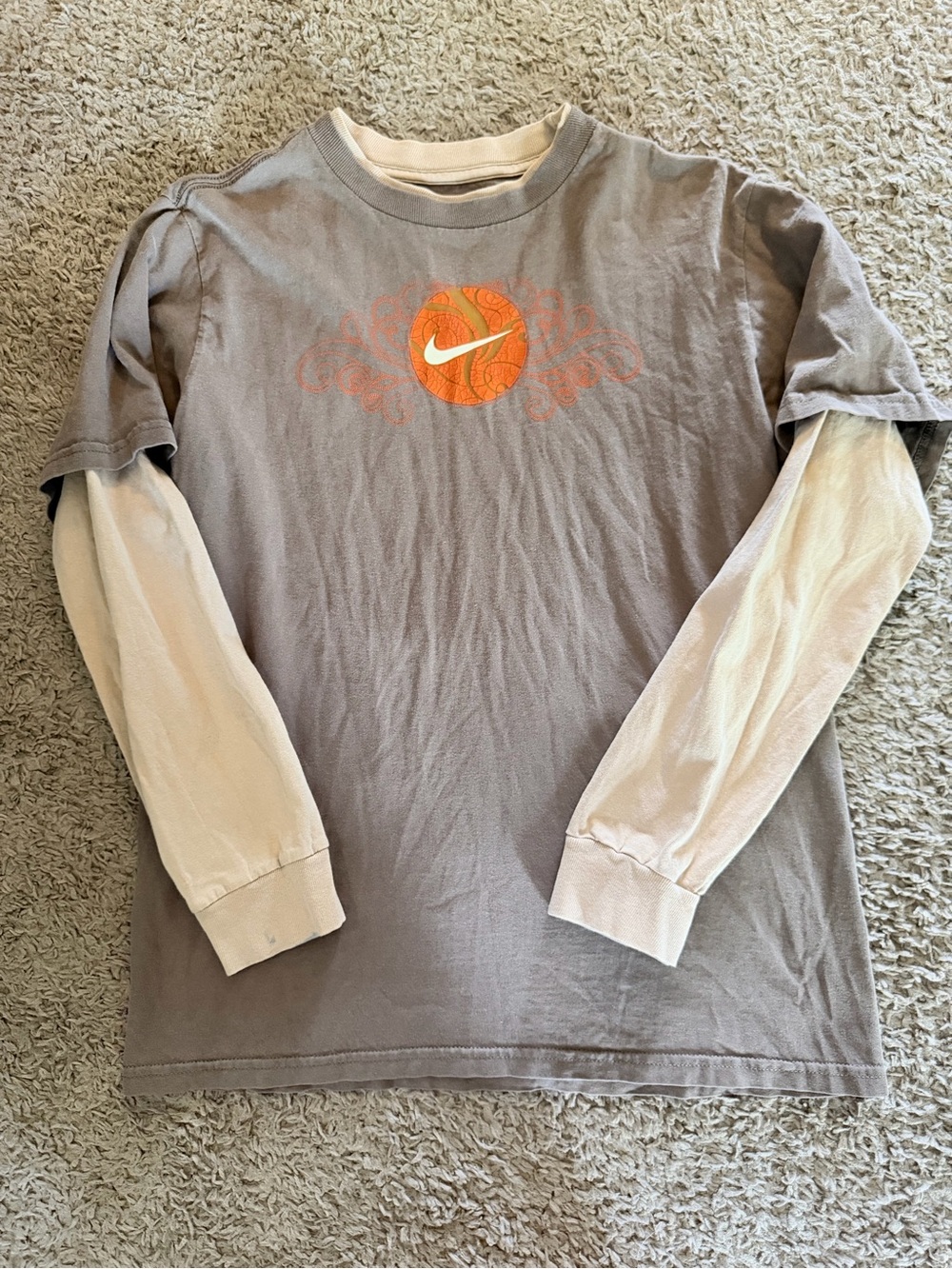 Nike Vintage Kids Long Sleeve Layered Tee - Gray & Cream with Orange Logo Size M